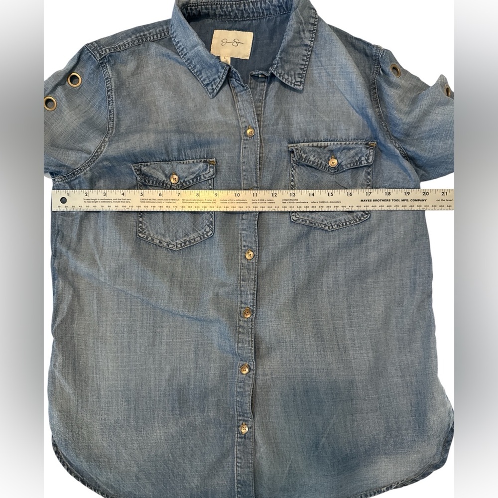 Jessica Simpson Blue Denim Shirt with Grommet Detail on Sleeves - Size Large - Picture 3 of 9